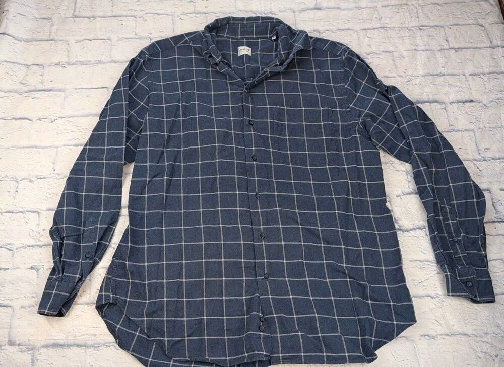 Armani Collezioni Button Up Shirt Men Long Sleeve Plaid Blue Size 16 Cotton